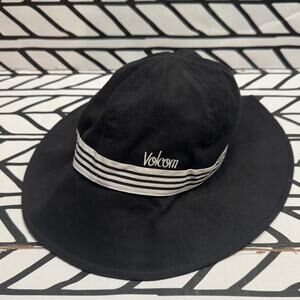 Volcom Black Bucket Hat with Striped Band and split in back with bow design